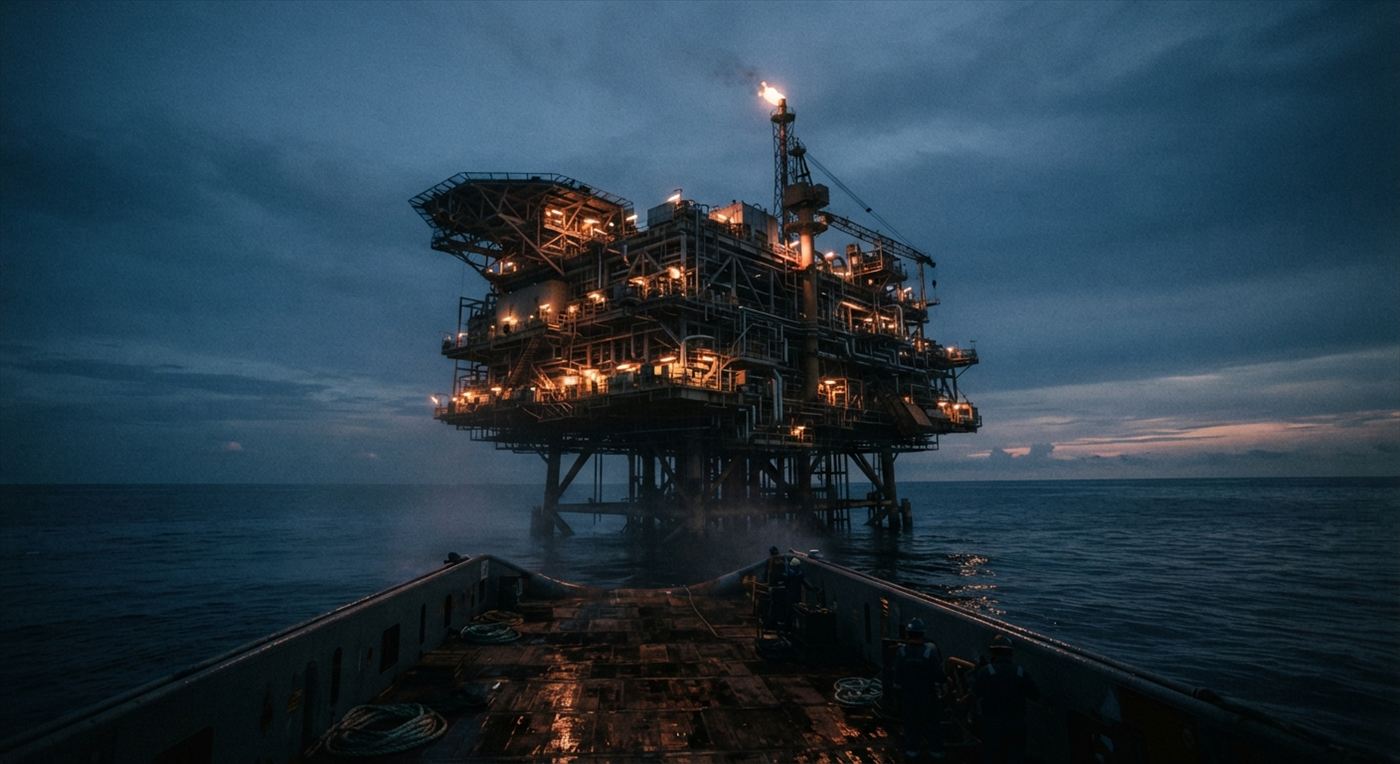 Offshore production platform at blue hour